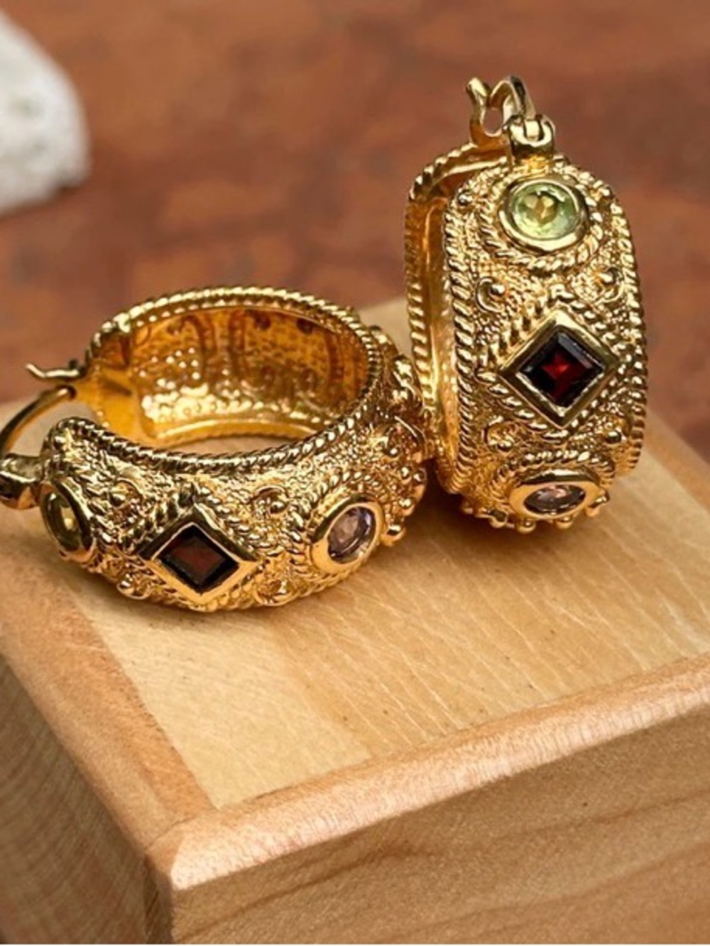 Vintage Vermeil Over Sterling Etruscan hoop earrings Garnet Amethyst Peridot